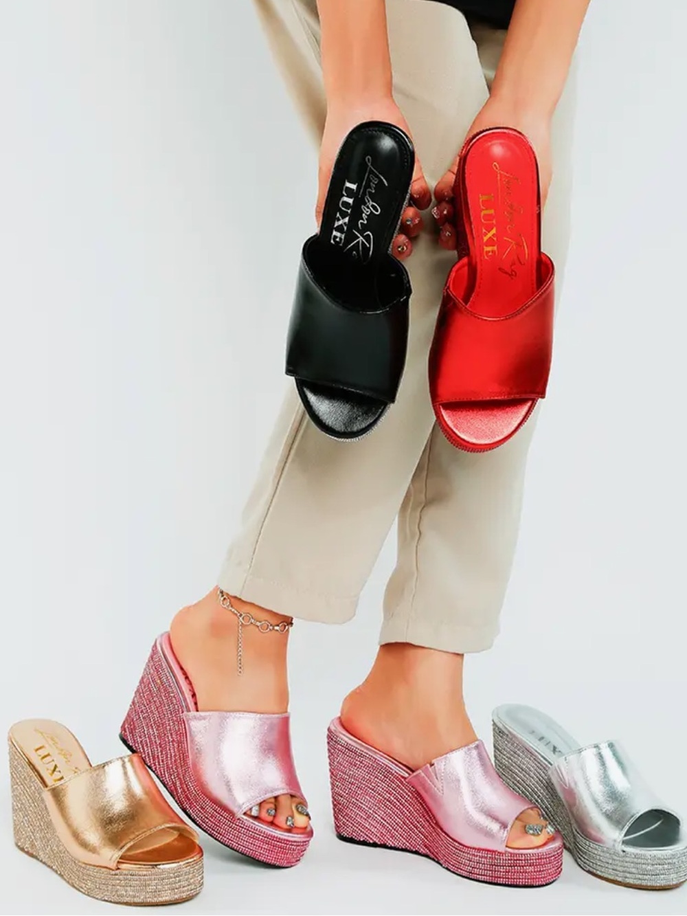 Black Luxe Metallic Wedge Slide Collection